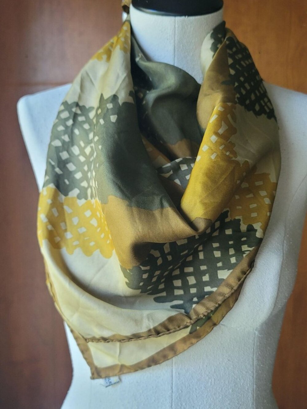 Vintage Echo Silk Scarf Square / Abstract Geometric Patchwork Pattern Neck Head
